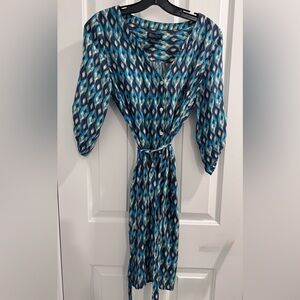 Lucky Brand Teal and Black Patterned Long Sleeve Dress